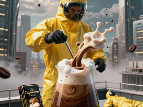 Surreal Hazmat Scientist Brewing Giant Cappuccino in Cityscape