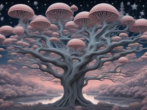 Surreal Honeycomb Trees Under a Starry Sky