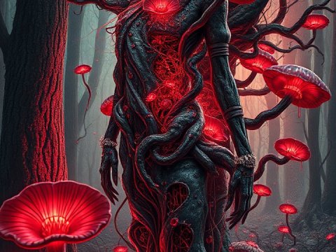Surreal Horror Woman Entwined with Glowing Red Fungi