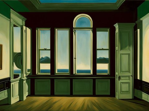 Surreal Interior with Windows Overlooking Sea and Mountains