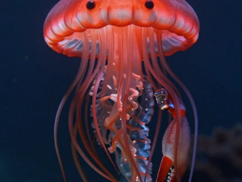 Surreal Jellyfish with Crab Claw Underwater