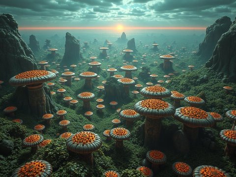 Surreal Landscape of Giant Bioluminescent Mushrooms at Sunset