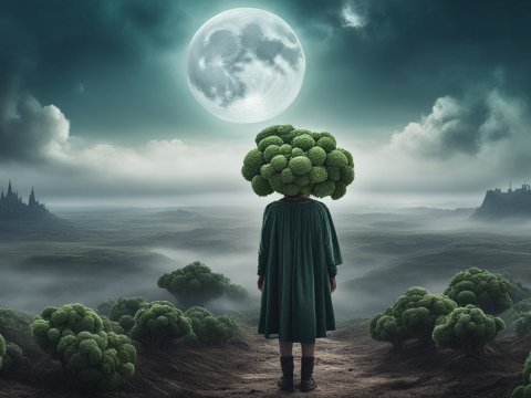 Surreal Landscape with Figure and Broccoli Head under Full Moon