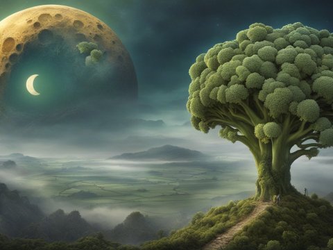 Surreal Landscape with Giant Broccoli Tree and Moon