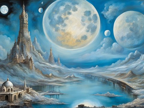 Surreal Landscape with Giant Moons and Fantasy Castles