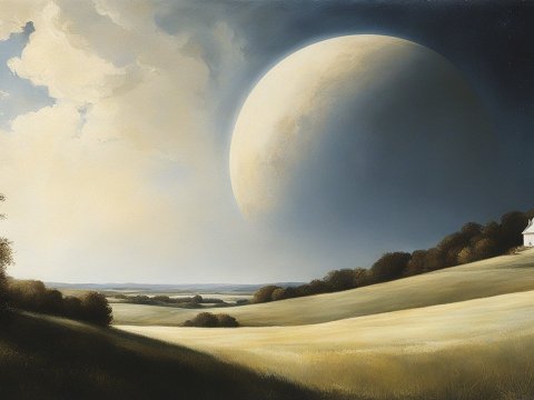 Surreal Landscape with Giant Planet and Quiet Countryside