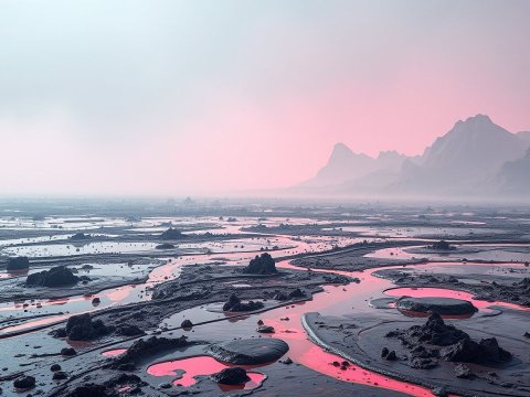 Surreal Landscape with Pink Reflective Waterways