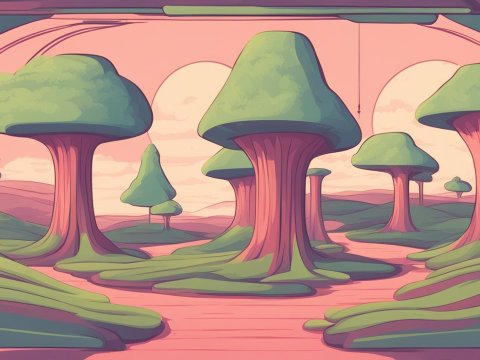 Surreal Landscape with Stylized Trees at Sunset