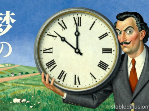 Surreal Man Holding Large Clock in Pastoral Landscape
