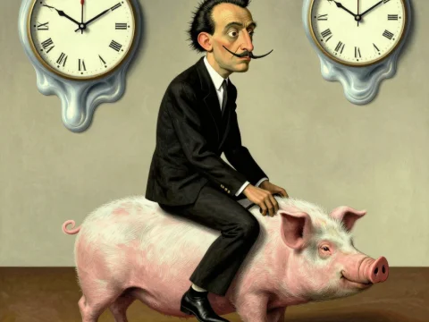 Surreal Man with Mohawk Riding a Pig Between Melting Clocks
