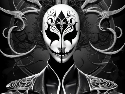 Surreal Masked Figure with Ornate Winged Elements