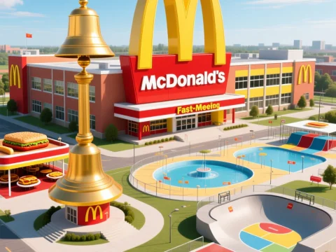 Surreal McDonald's School Campus with Playgrounds and Golden Bell