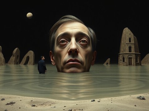 Surreal Minimalist Scene with Giant Head and Deserted Structures