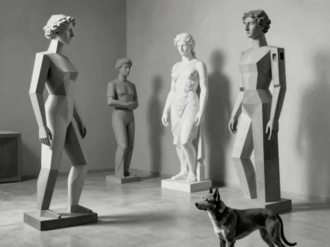 Surreal Monochrome Room with Classical and Geometric Statues and Dog