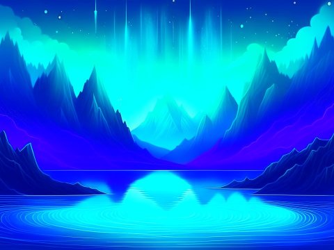 Surreal Neon Mountain Landscape with Reflective Lake
