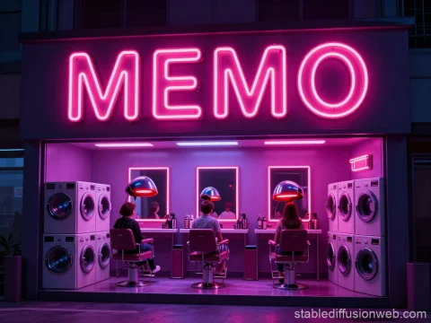Surreal Neon Salon with Laundry Machines