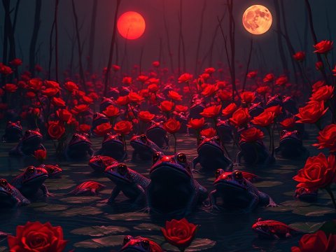 Surreal Night Scene with Frogs and Red Roses Under Dual Moons