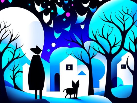 Surreal Night Village with Silhouetted Figures and Blue Trees