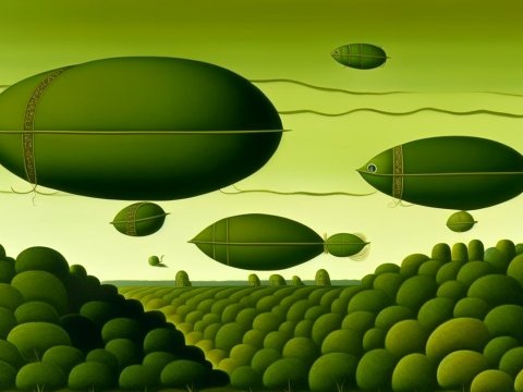 Surreal Olive Green Airships Over Rounded Forest