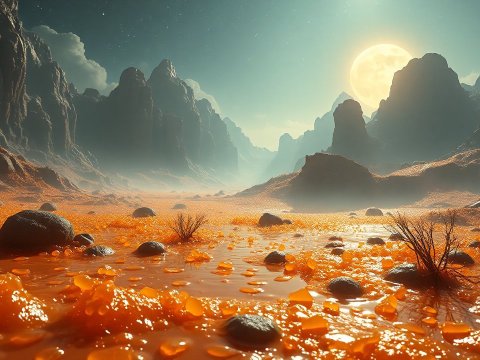 Surreal Orange Crystal Landscape Under Full Moon