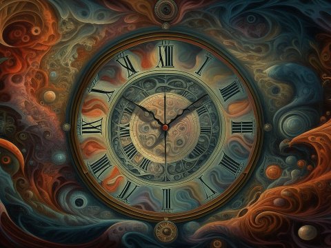 Surreal Painting of an Ornate Clock with Swirling Abstract Patterns
