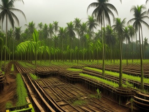 Surreal Palm Tree Plantation with Layered Terrain