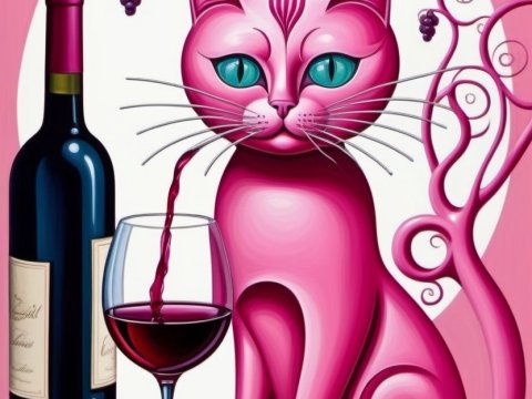 Surreal Pink Cat Pouring Wine in a Whimsical Setting