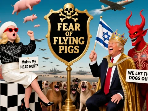 Surreal Political Satire with Flying Pigs and Fiery Devil