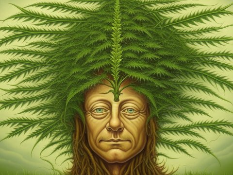 Surreal Portrait of a Man with Cannabis Leaf Hair