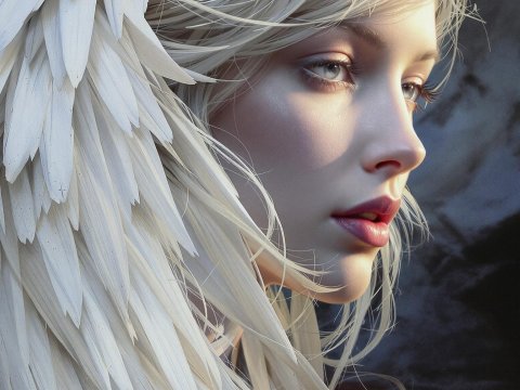 Surreal Portrait of a White Angel with Flowing Feathers