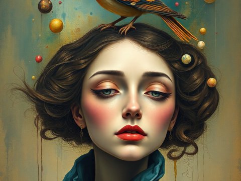 Surreal Portrait of a Woman with a Bird and Floating Orbs