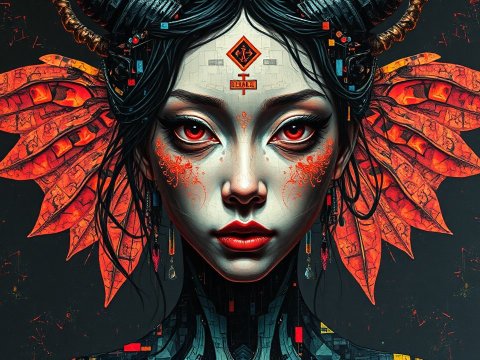 Surreal Portrait of a Woman with Fiery Wings and Horns