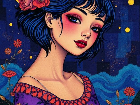 Surreal Portrait of a Woman with Floral and Moon Elements