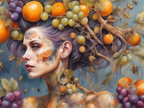 Surreal Portrait of a Woman with Fruit and Bees