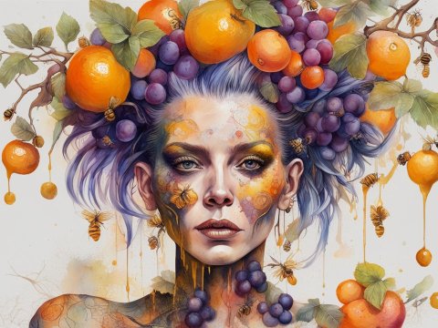 Surreal Portrait of a Woman with Fruit and Bees