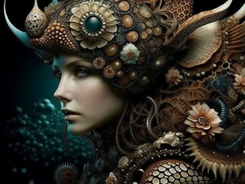 Surreal Portrait of a Woman with Intricate Organic Headpiece