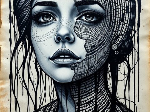 Surreal Portrait of a Woman with Mosaic Face