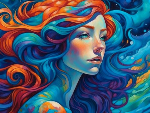Surreal Portrait of a Woman with Vibrant Flowing Hair