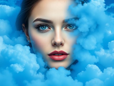 Surreal Portrait of Woman Emerging from Blue Clouds