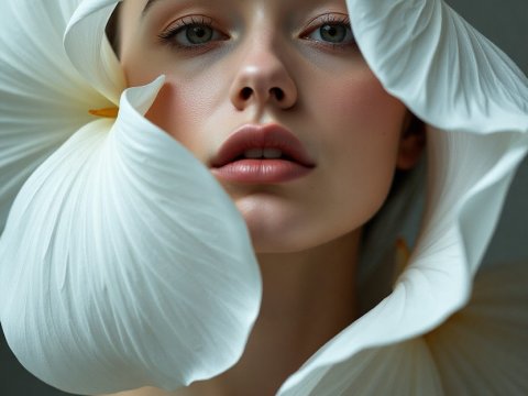 Surreal Portrait of Woman Framed by Large White Flower Petals