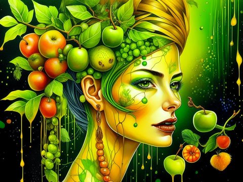 Surreal Portrait of Woman with Fruit and Leaves
