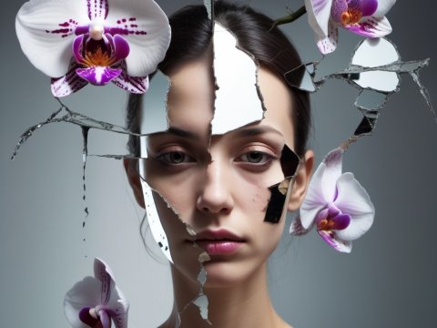 Surreal Portrait of Woman with Shattered Mirror and Orchids