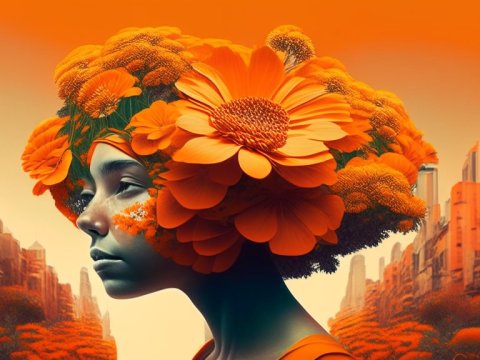 Surreal Portrait of Woman with Vibrant Orange Flowers in Urban Setting