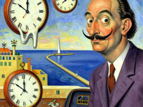 Surreal Portrait with Melting Clocks and Seaside View