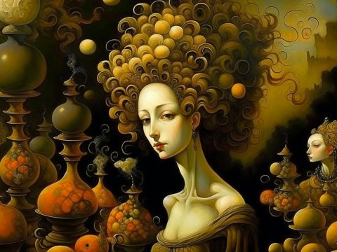 Surreal Portraits with Ornate Hair and Mystical Vessels