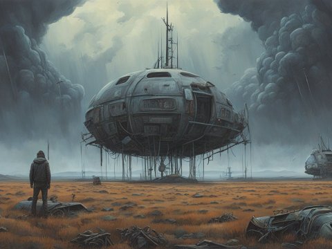 Surreal Post-Apocalyptic Landscape with Floating Structures
