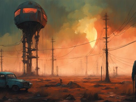 Surreal Post-Apocalyptic Landscape with Futuristic Tower