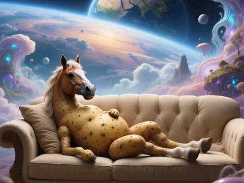 Surreal Potato-Horse Hybrid Relaxing on Couch in Cosmic Dreamscape
