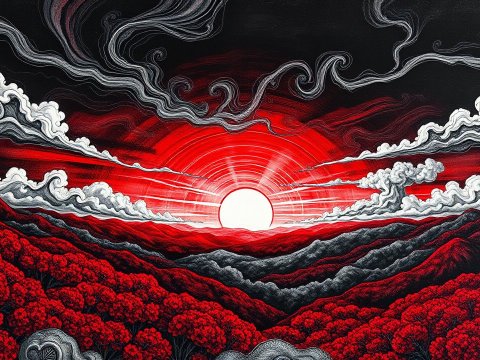 Surreal Red and Black Sunset Landscape