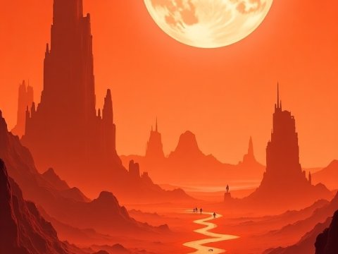 Surreal Red Desert with Towering Spires and Giant Moon